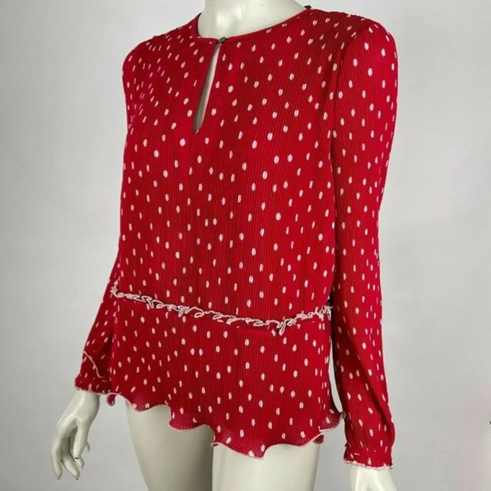 J Crew Ruffle-trim Pleated Top Polka Dot Lined Blouse Long Sleeve Women S NWT‎